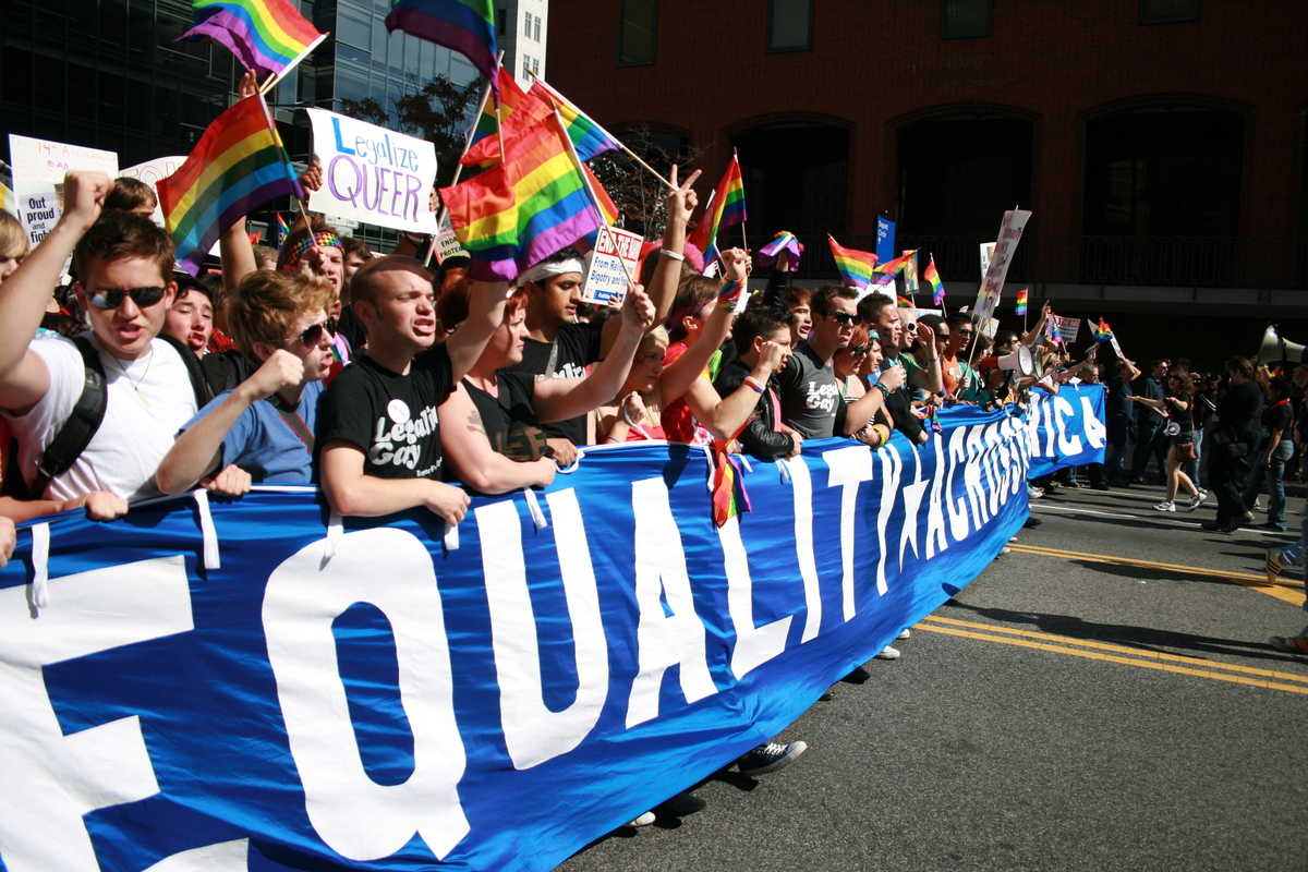 Marching for LGBTQ equality in 2009, marchers wave rainbow flags and carry signs