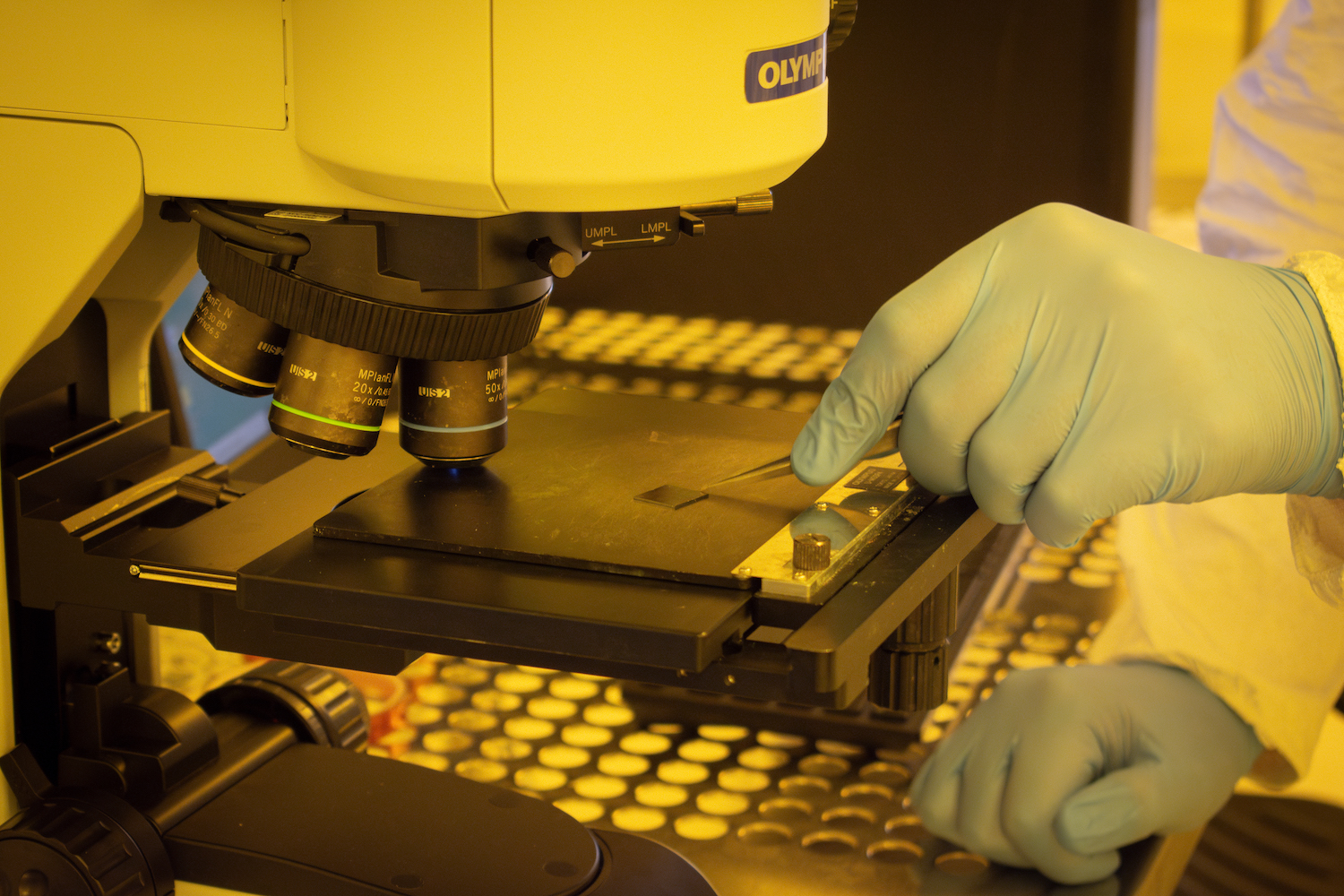 A member of Gina Adam's lab places a chip under the microscope. 
