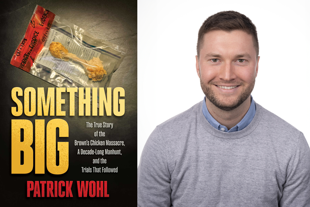 The book cover for Something Big on the left and a portrait of alumnus Patrick Wohl on the right.
