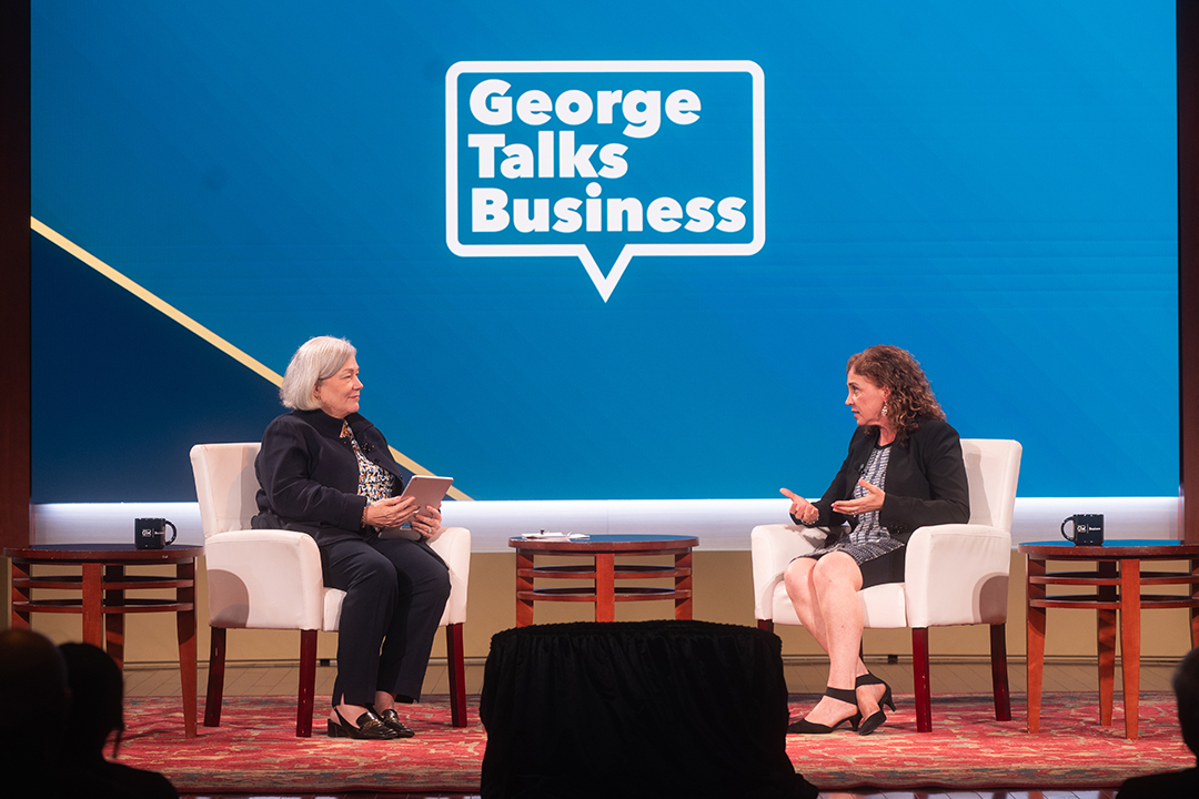 George Talks Business with new GWSB dean and President Granberg.
