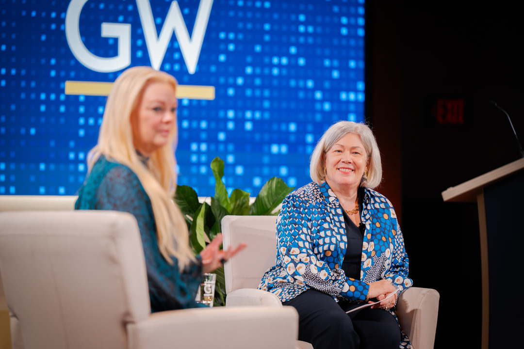 Alumna Carrie Potter, left, and President Ellen Granberg