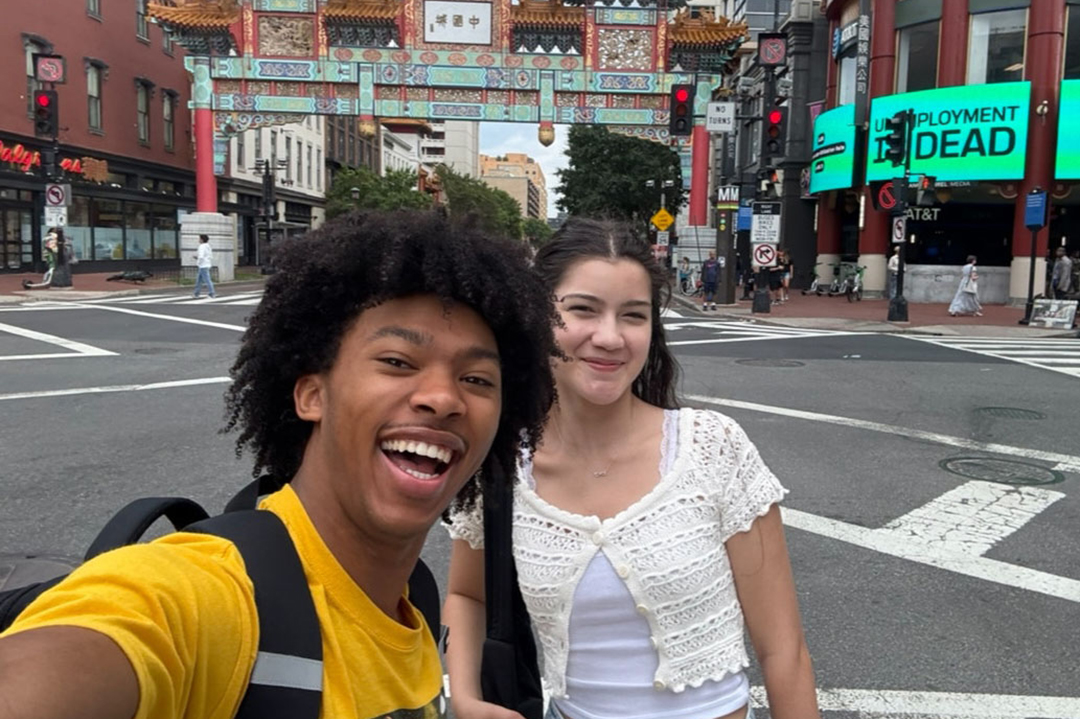 First-year students Bradley Fowler and Jocelyn Graham on a Chinatown street.