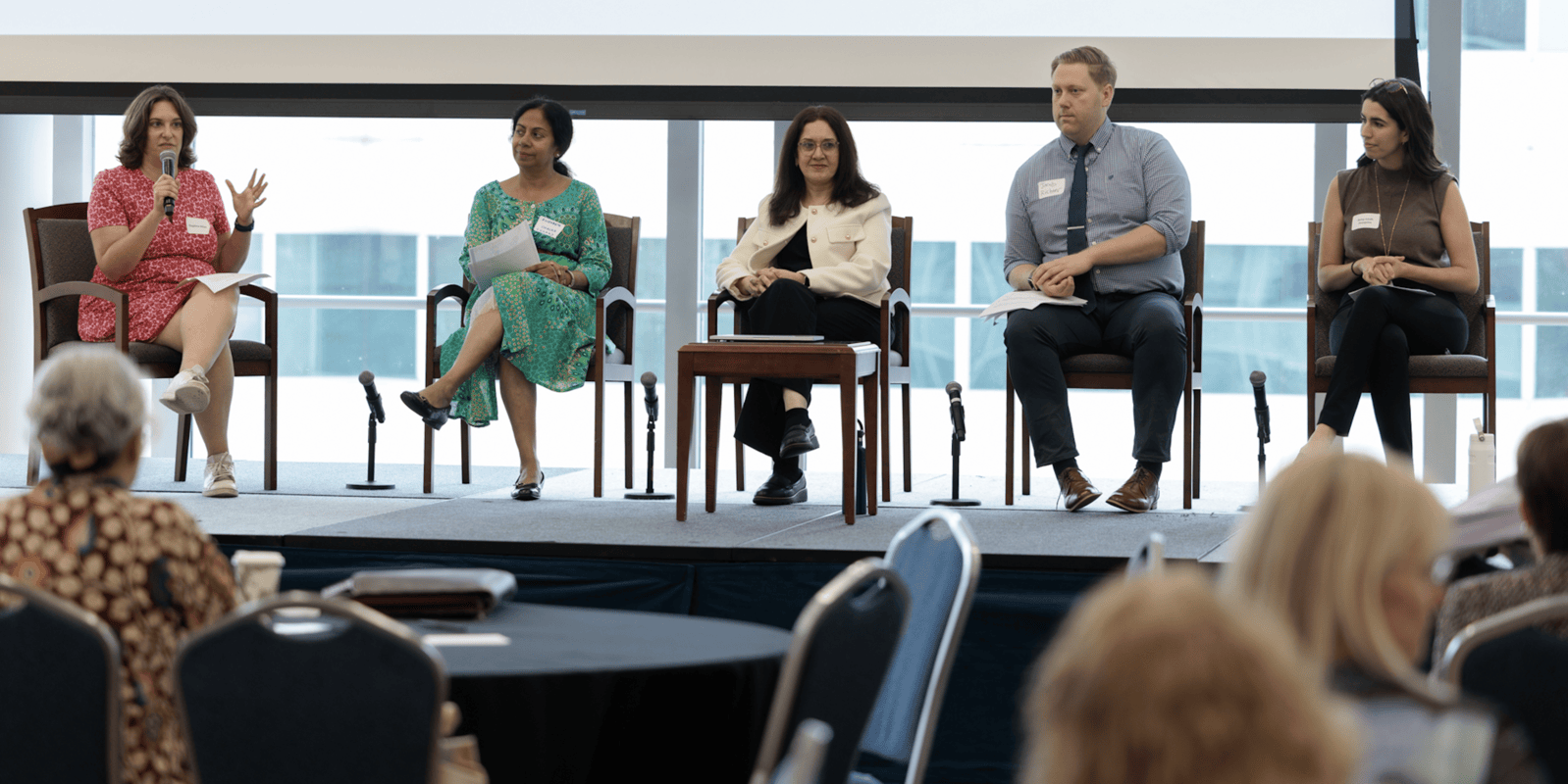 Teaching Day panel, from left: Daphna Atias, Elizabeth Chacko, Kavita Daiya, Jacob Richter and Amy-Leah Joaquim