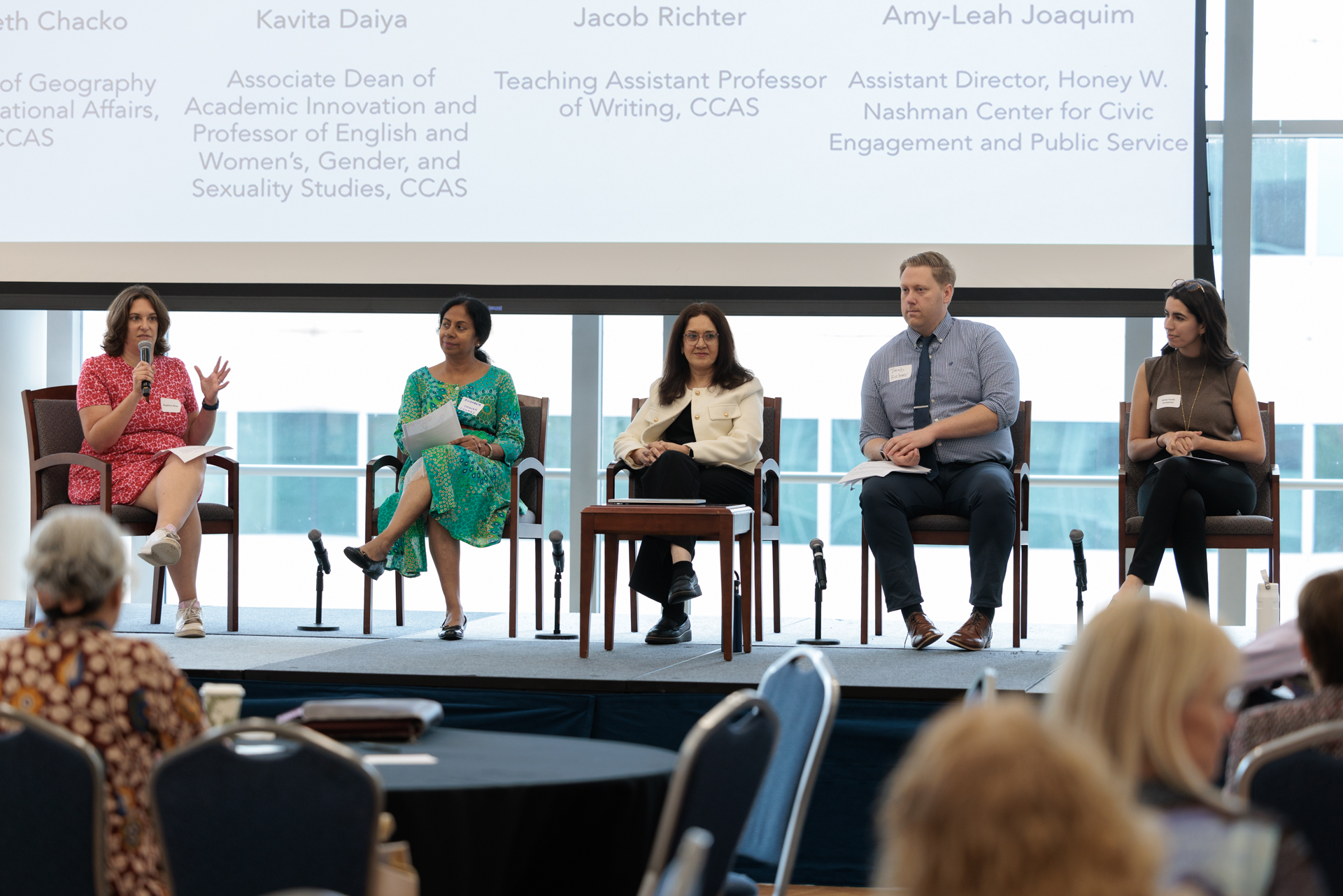 Teaching Day panelists, from left: Daphna Atias, Elizabeth Chacko, Kavita Daiya, Jacob Richter and Amy-Leah Joaquim