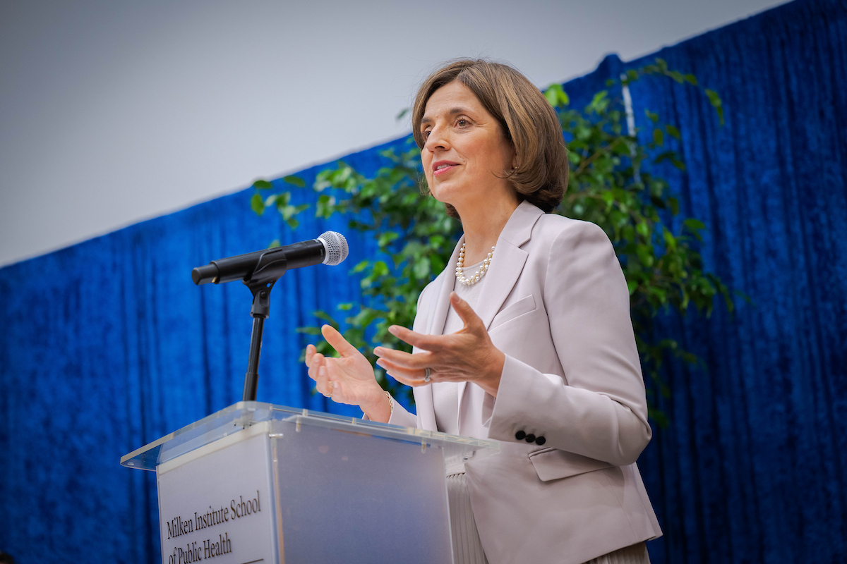 Kelly Gebo is installed as the Michael and Lori Milken Dean of the Milken Institute School of Public Health at a ceremony Nov. 4. (Abby Greenawalt/GW Today)