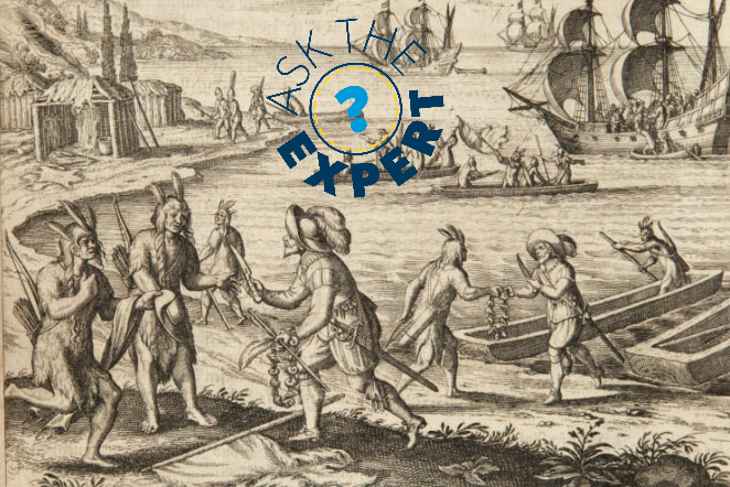 Jamestown colonists trade with Wampanoag Indians at Martha’s Vineyard in this 1597 Theodor de Bry illustration.