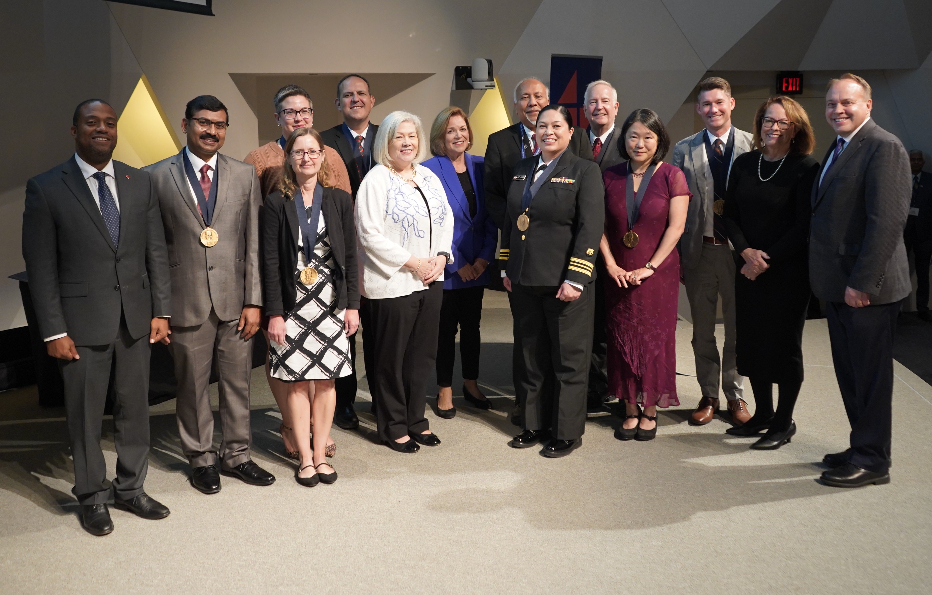 GW President Ellen Granberg with 2025 Arthur S. Flemming Award winners, sponsors and guest, including (from right) CCAS Dean Paul Wahlbeck and TSPPPA Director Kathryn Newcomer. 