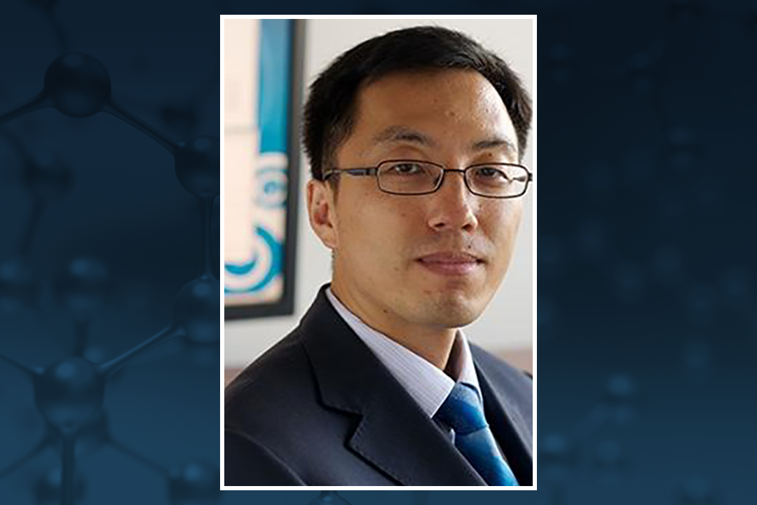 Photo of Tianshu Li on a blue background showing an illustration of molecular structure