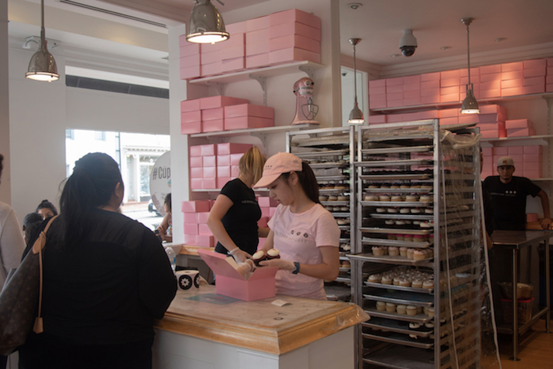 Georgetown Cupcake interior, woman packing cupcakes into box at counter
