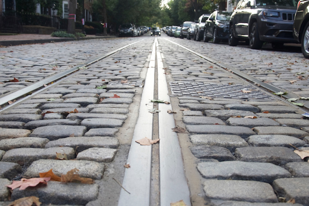 streetcar tracks in cobblestone street