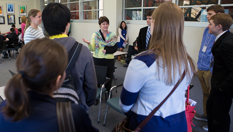 Virginia Secretary of Education Anne Holton visits a classroom in Exploration Hall, where high school students are learning about quadrotor dynamics and flight.