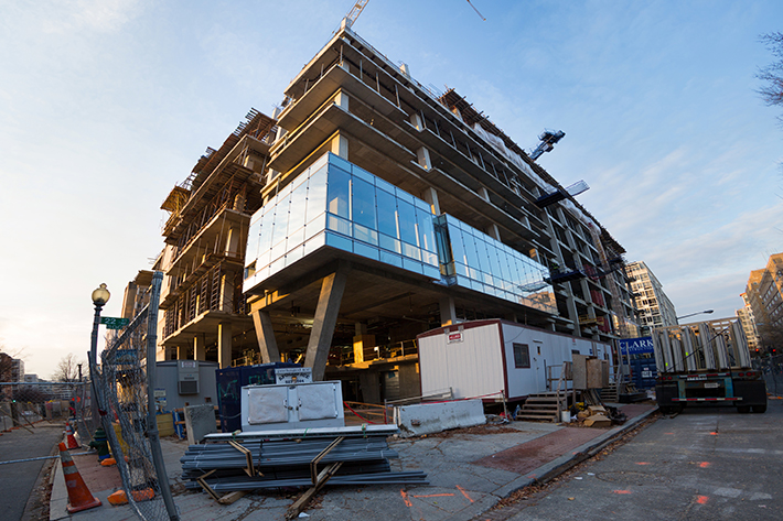 A side view of the under construction future Science & Engineering Hall building.