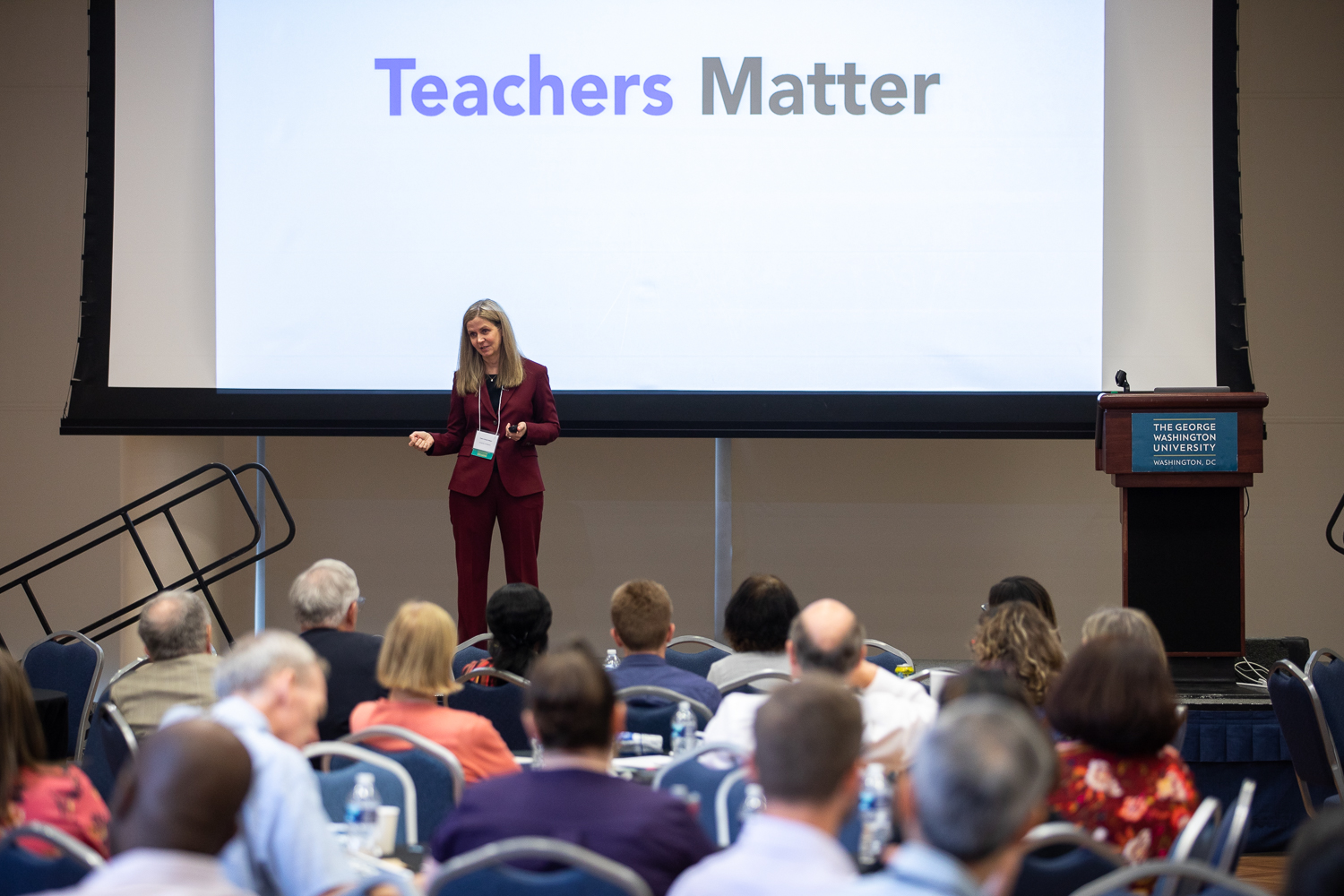 Keynote speaker Claire Howell Major discussed how teachers can learn from evaluation. (Harrison Jones/GW Today)