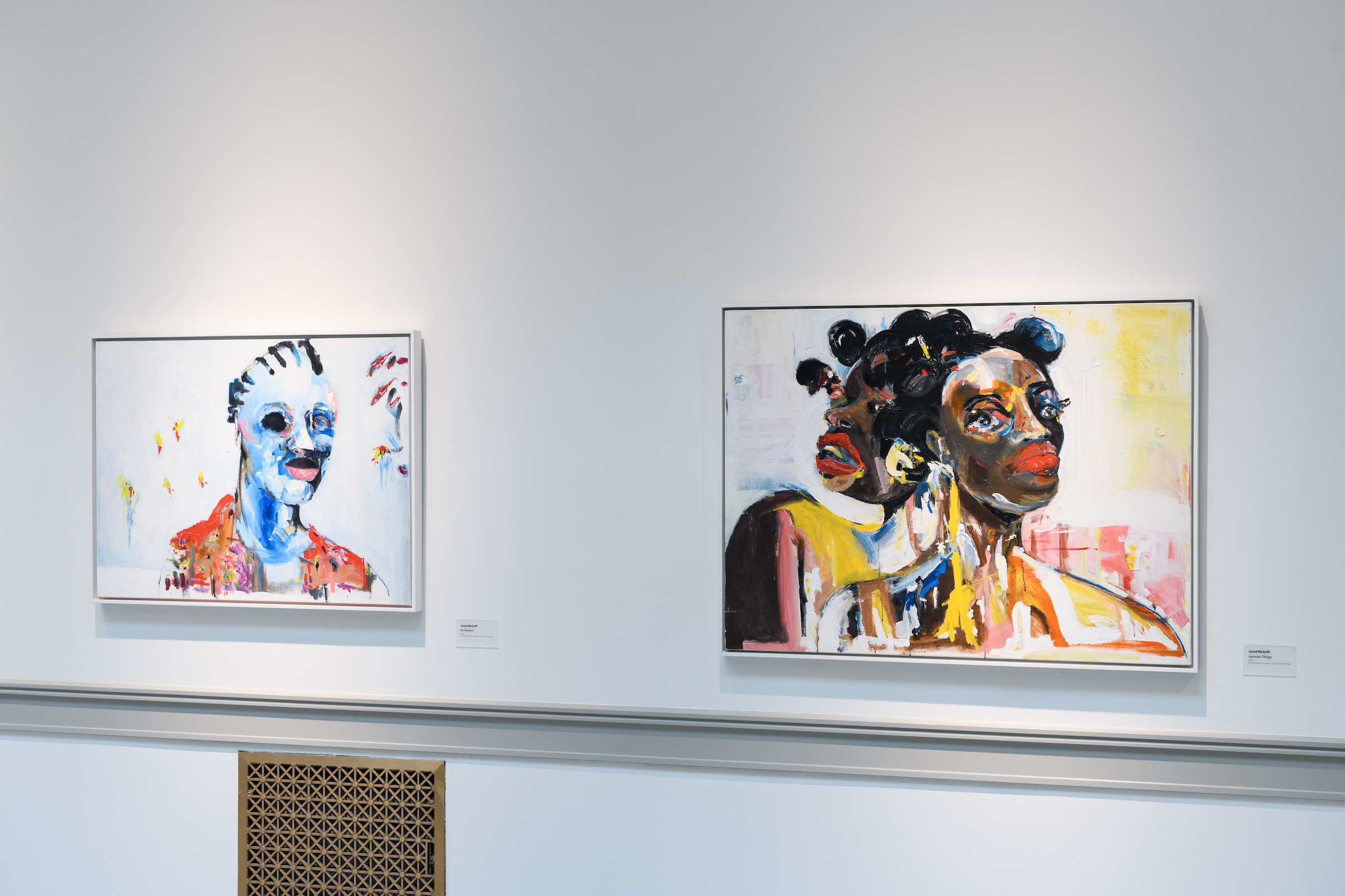 Jared McGriff - Six Flowers, 2018, oil and acrylic on canvas, 31 3/8 x 41 1/2 (Left). Janusian Things, 2018, Oil and acrylic on