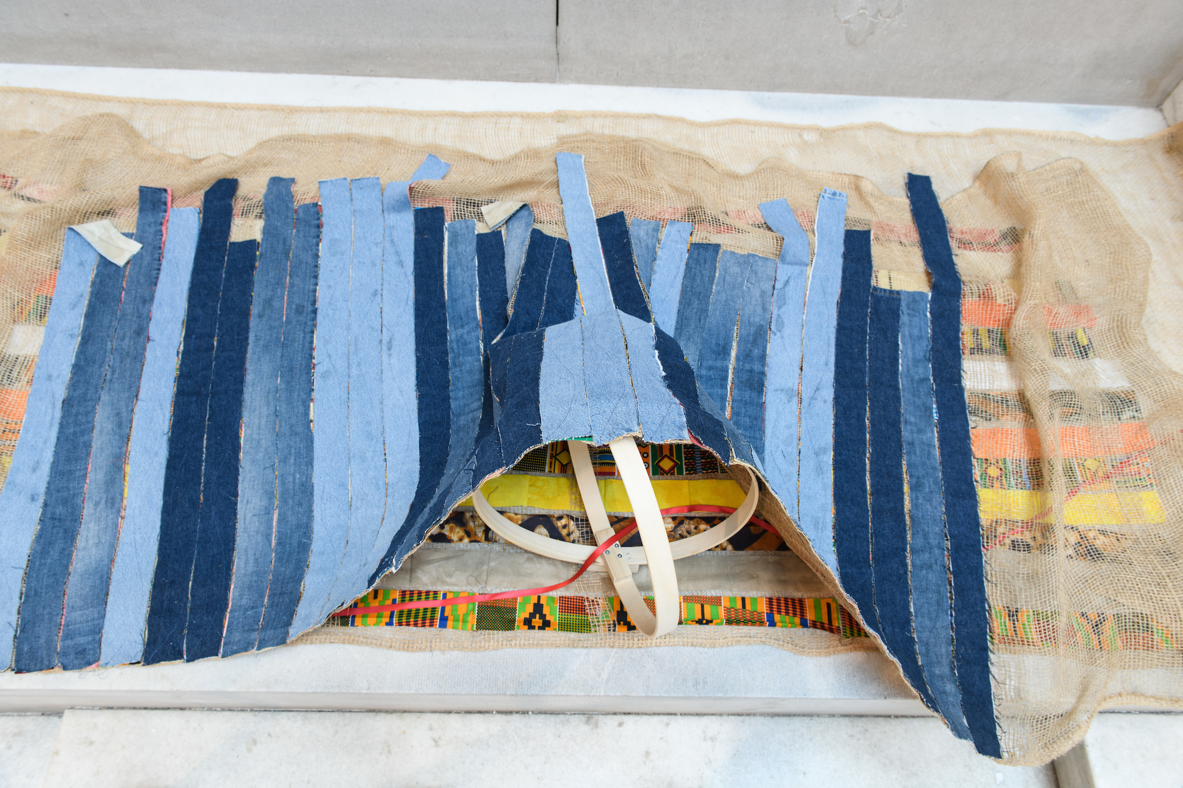 Guy Gabon - Decentering the gaze, Ain't I a human? 2019, Mixed media textile techniques, denim, old clothes, various objects