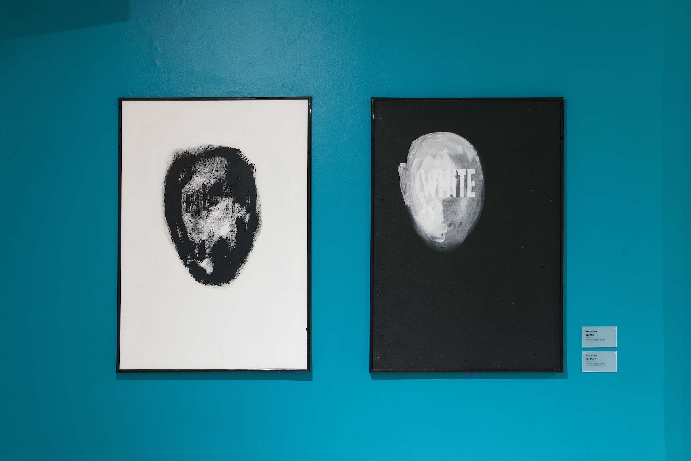 Kurt Nahar - Bleach1 and Bleach 2, 2018, acrylic paint and paper collage on hard board, 3