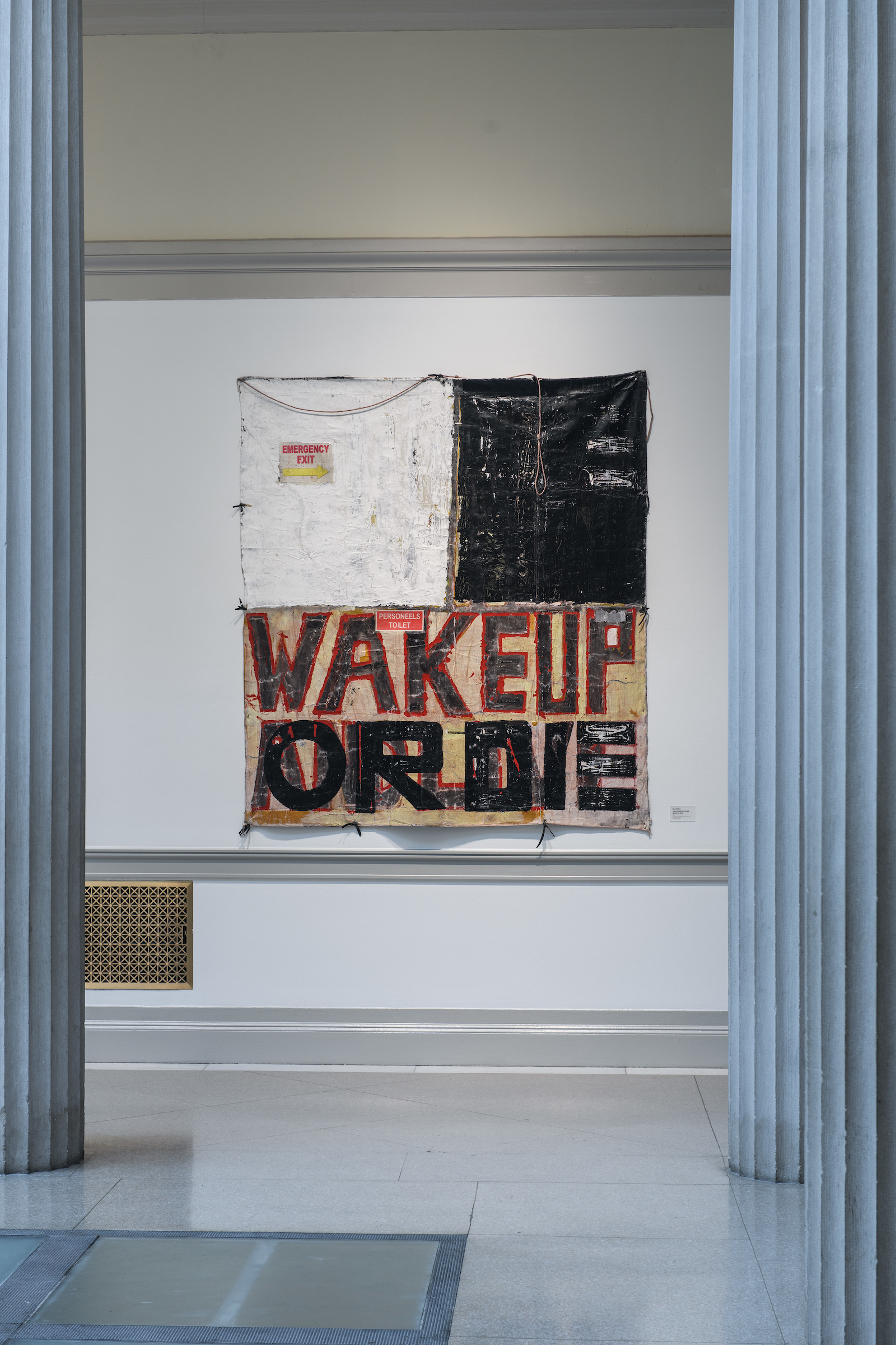Kurt Nahar - YOUR COMFORT ZONE WILL KILL YOU, 2016, acrylic paint collage, braided brown rope, tie wraps on canvas,