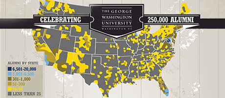 Celebrating 250,000 Alumni The George Washington University: map of United States showing 250,000 U.S. alumni