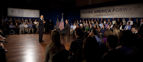 President Obama speaks to crowd at town hall meeting at GW 