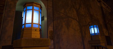 blue lightbulbs on the exterior of the Marvin Center