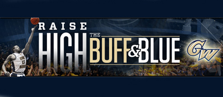 Raise High the Buff & Blue, featuring GW basketball player shooting ball with crowds in background