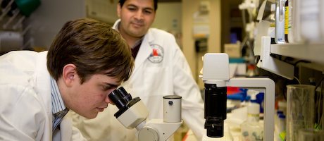 Caleb Seavey at microscope with another researcher looking on