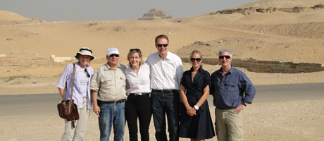 Sarah Parcak, Ted Greenberg, Claire Buchan, Peter Herdrich, Deborah Lehr and Eric Cline in Egyptian desert