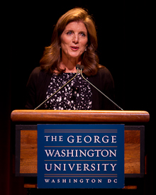 Caroline Kennedy stands behind a podium, The George Washington University