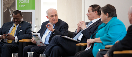 Allen Sessoms, Steven Knapp, Vincent Gray and Patricia McGuire speaking while sitting in a line