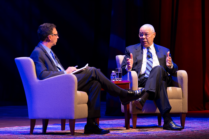 School of Media and Public Affairs director Frank Sesno interviews Colin Powell, M.B.A. '71, at Lisner Auditorium on Monday.