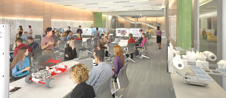 rendering of Science & Engineering complex space including students sitting at long tables working on computers