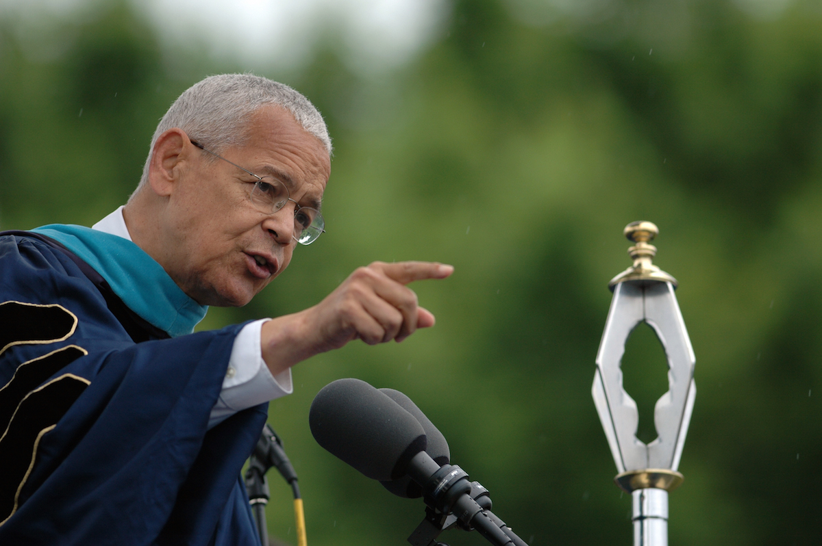 Image of Julian Bond speaking on commencement stage 