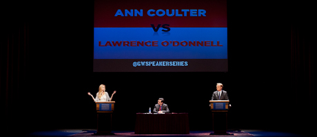 Ann Coulter, Lawrence O’Donnell speak at podiums with Frank Sesno moderating at table in the middle