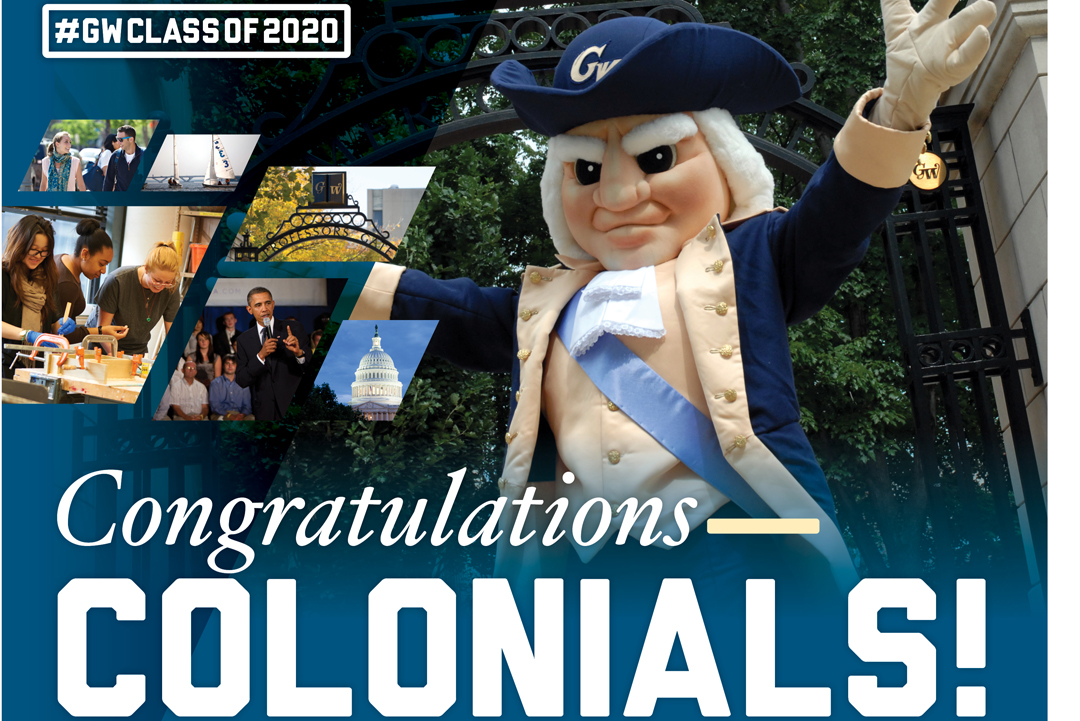 Congratulations Colonials with a celebrating George mascot
