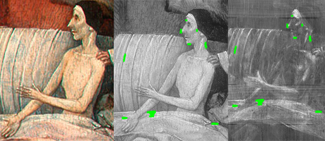 Death and the Miser painting next to xray image of painting with green dots for refined reference points