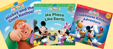 Mickey Mouse Clubhouse book covers including Mickey and the Great Kachoo, No Place Like Earth and Clubhouse Kitchen Adventure