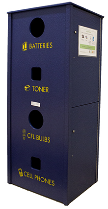e-cycling bin with slots for batteries, toner, CFL bulbs and cell phones