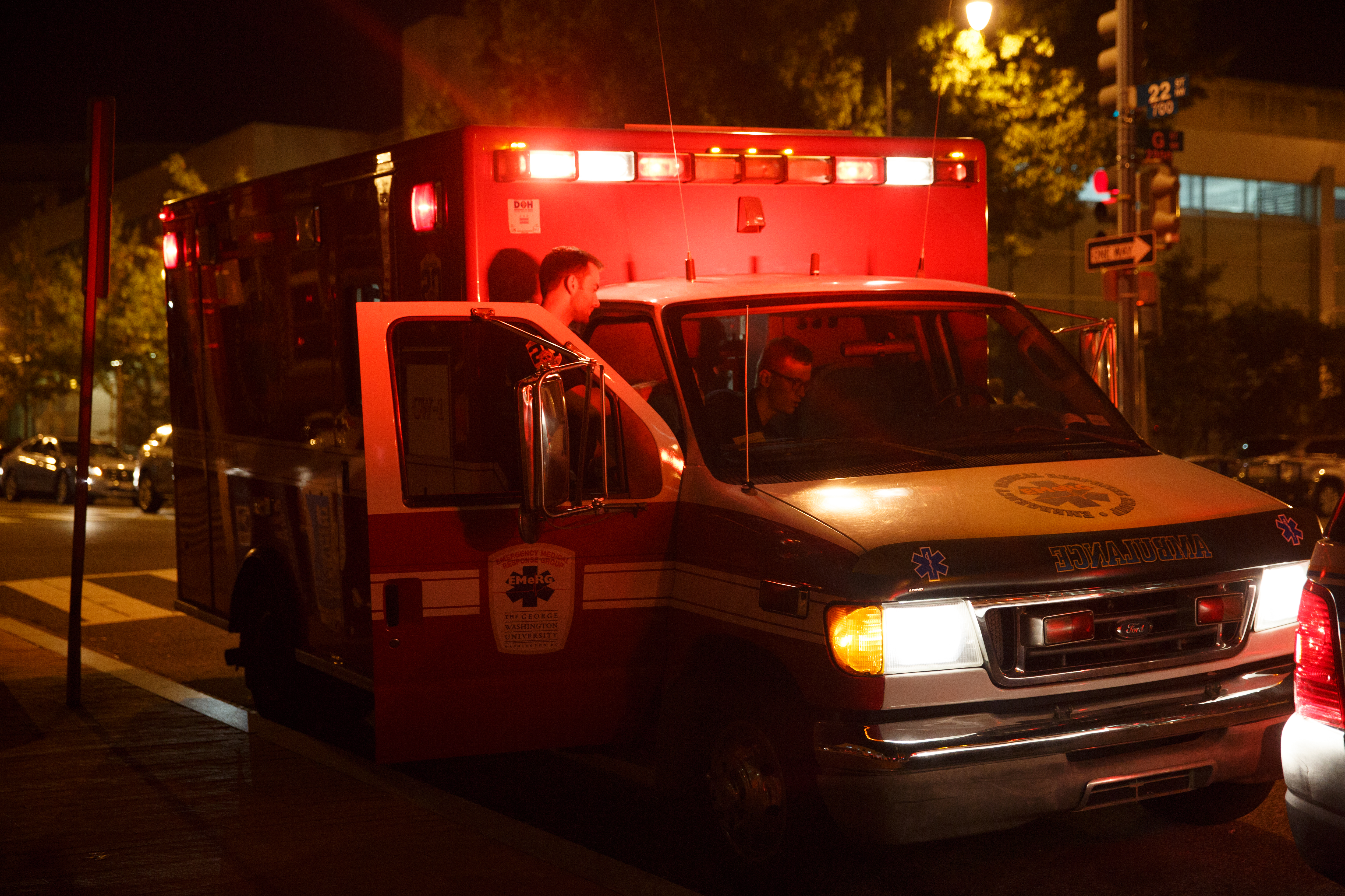 EMeRG ambulance idles outside the office
