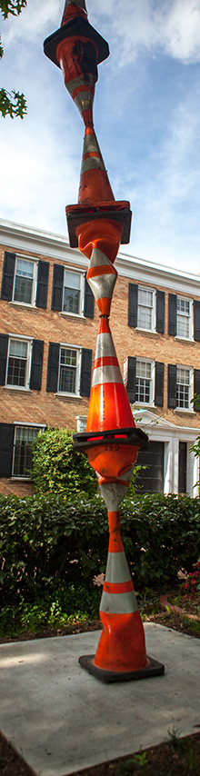 sculpture Cone Tower #3, features traffic cones stacked on each other