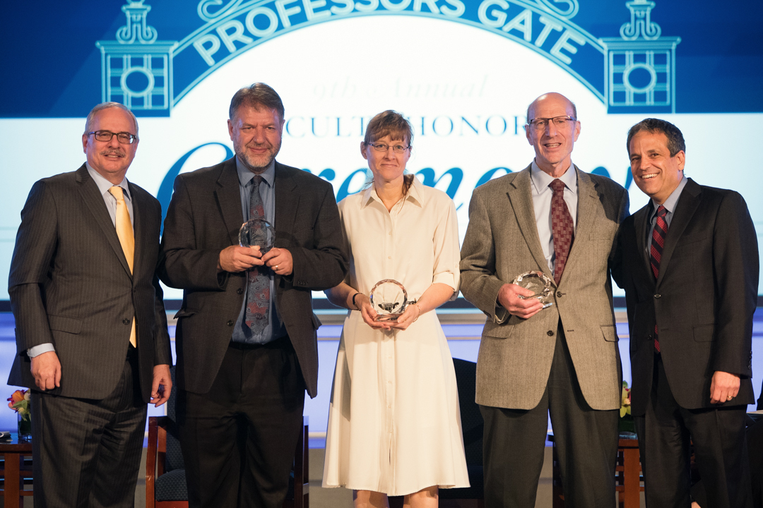 (From left) GW President Thomas LeBlanc; Trachtenberg Faculty Prize winners Hugh Gusterson, Heather Berry and Anthony Yezer; and