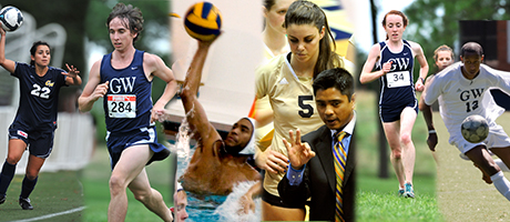 series of GW sports in action, including soccer, cross country, water polo and volleyball