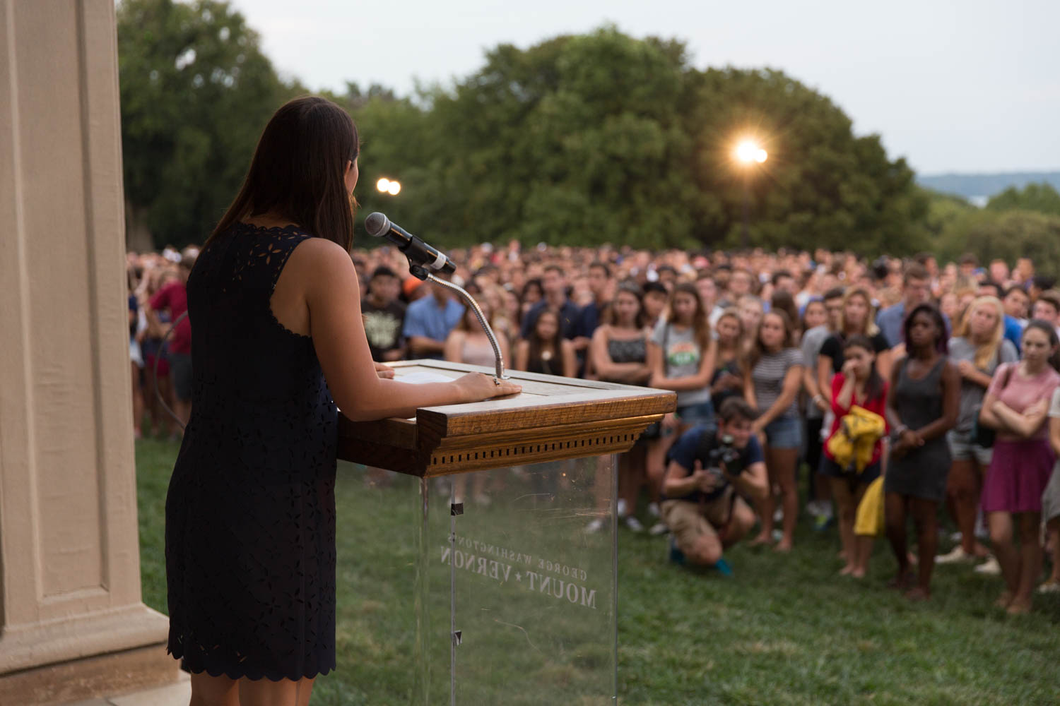 Student Association President Andie Dowd speaks to the Class of 2019 at their First Night celebration.