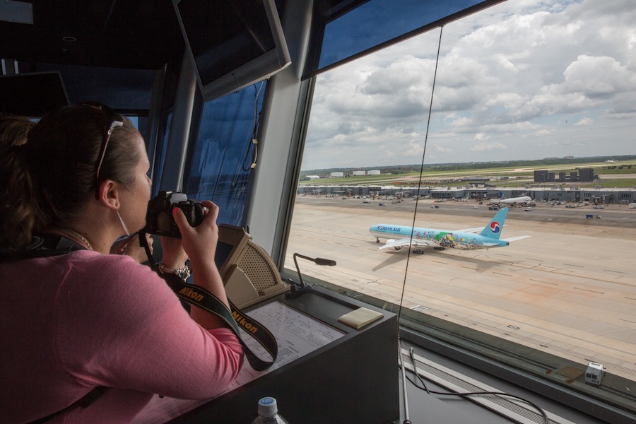 Teachers watched from the Dulles Airport ramp tower as air traffic controllers guided planes to safety. (All photos: William Atk