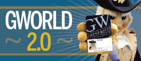 GWorld 2.0 with George Washington Mascot George holding an updated GWorld card