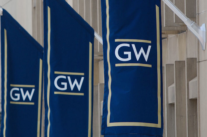 GW Banners outside of Gelman Library