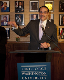 Mayor Gray at podium, the George Washington University, Washington, D.C.