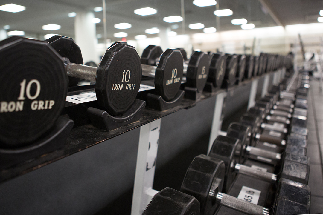 Health and Wellness Center view of dumbells stacked 