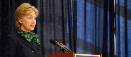 Hillary Clinton speaks at podium