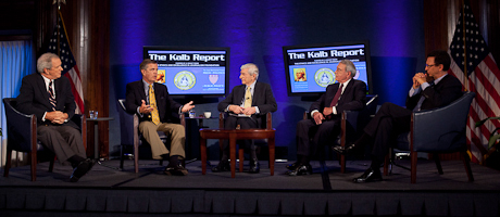 Charles Gibson, Dan Rather, Brit Hume and Frank Sesno on stage for the Kalb Report