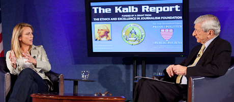 Lara Logan and Kalb on stage at the Kalb Report speaking to each other seated